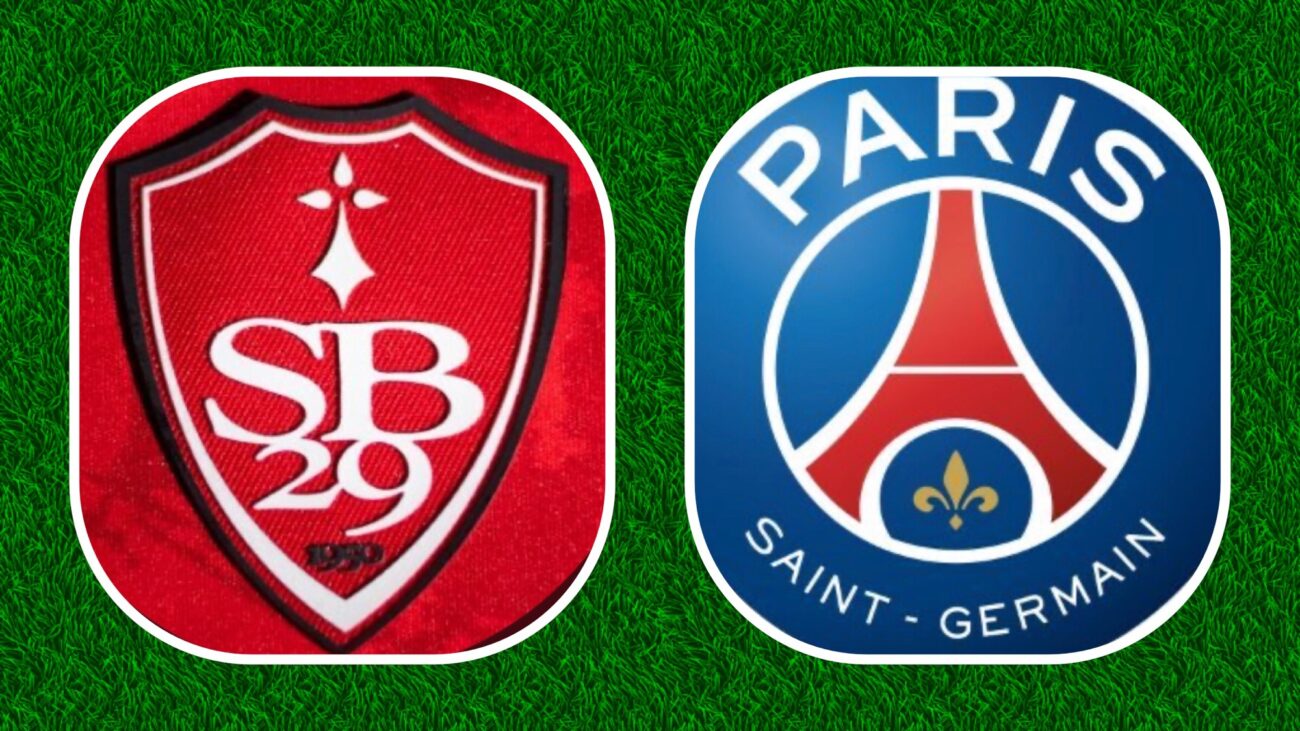 Logos Brest et Paris Saint-Germain sur gazon.
