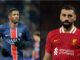 Deux joueurs de football en maillots PSG et Liverpool.