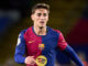 Joueur de football en maillot du FC Barcelone.