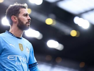 Joueur de football en maillot bleu sur le terrain.
