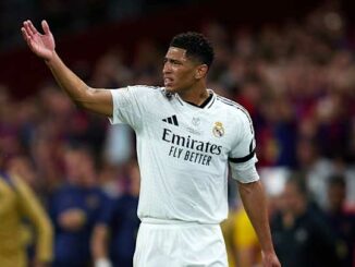 Joueur de football gesticulant sur le terrain.
