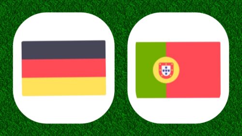 Drapeaux de l'Allemagne et du Portugal sur fond vert.