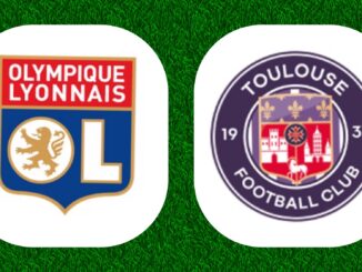 Logos Olympique Lyonnais et Toulouse FC sur gazon.