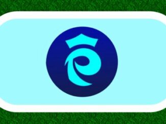 Logo bleu sur fond vert et bleu clair.
