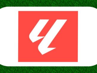 Logo blanc sur fond rouge avec contour vert.