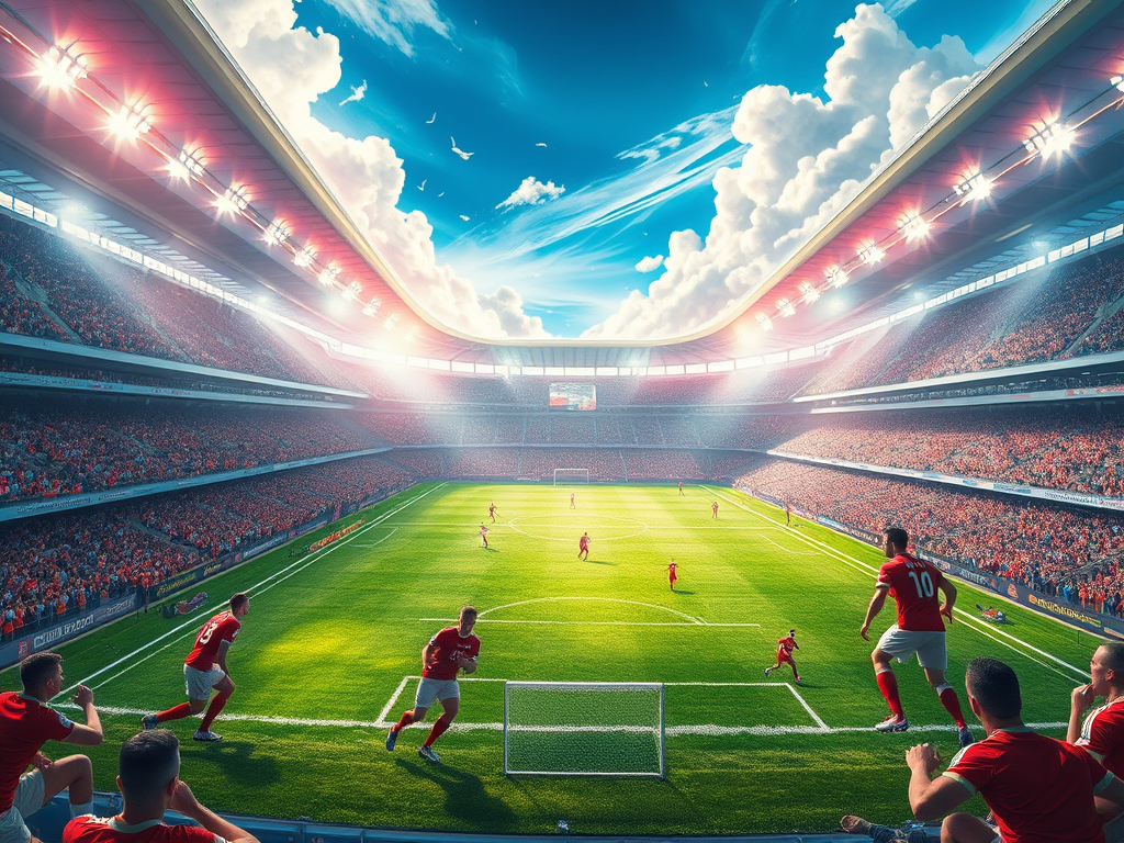 Stade de football plein pendant un match ensoleillé.