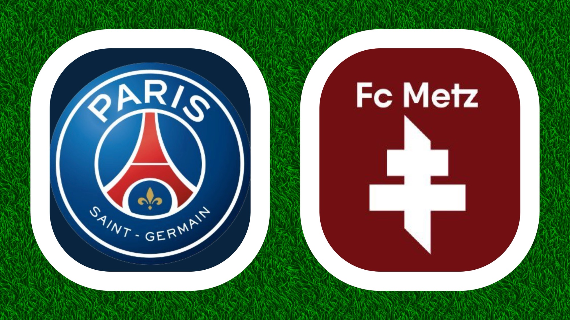 Logos de PSG et FC Metz sur gazon.