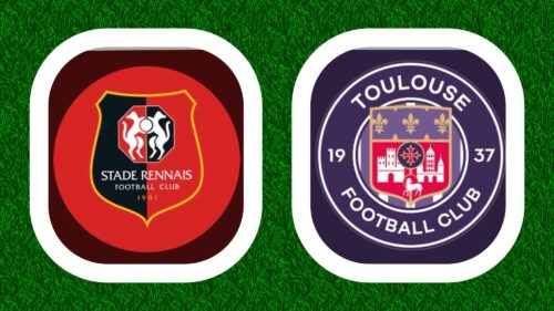 Logos Stade Rennais et Toulouse FC sur fond vert.