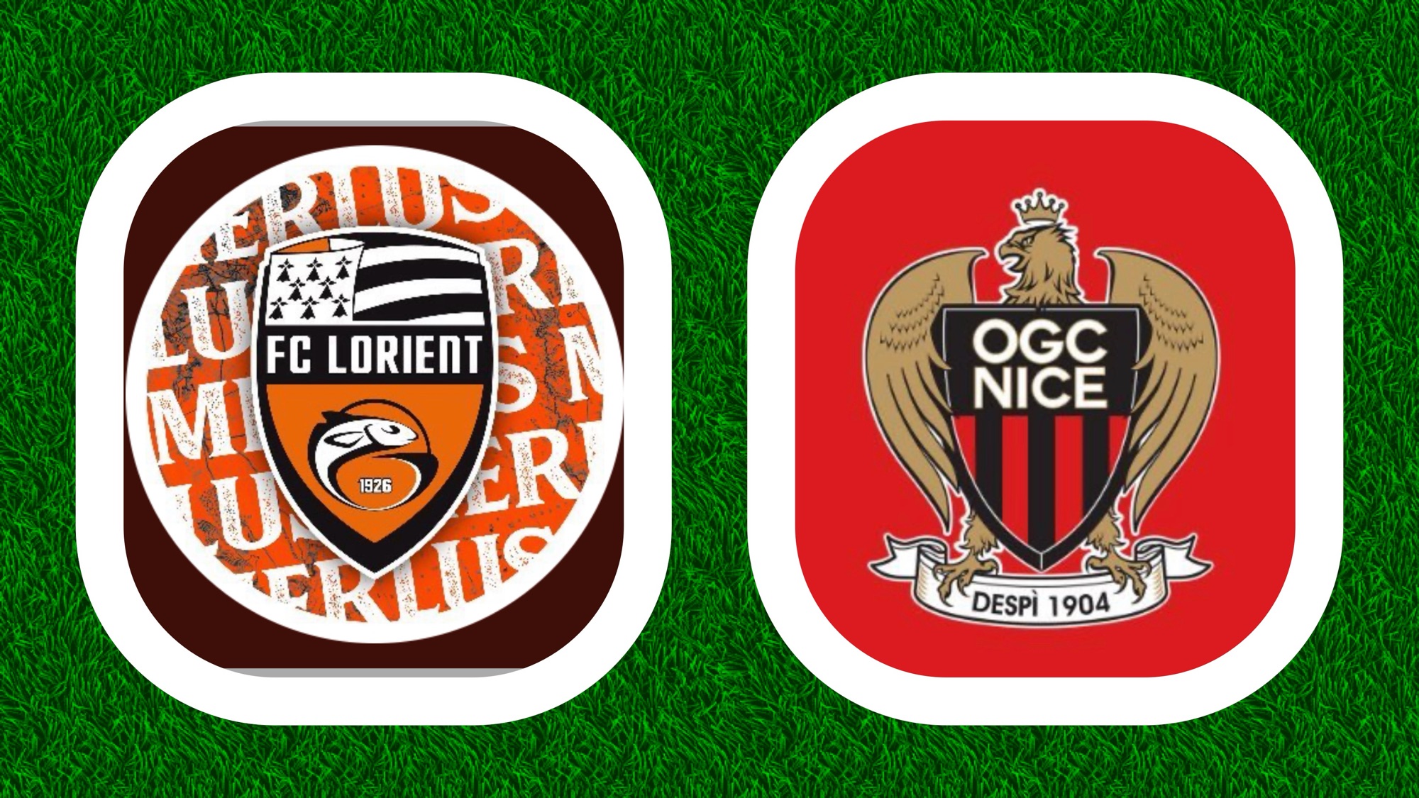 Logos FC Lorient et OGC Nice sur gazon.