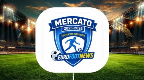 Logo Mercato 2025-2026 sur stade de football