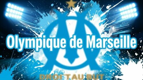 Logo Olympique de Marseille sur fond bleu éclaboussé