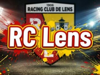 Logo RC Lens sous projecteurs colorés