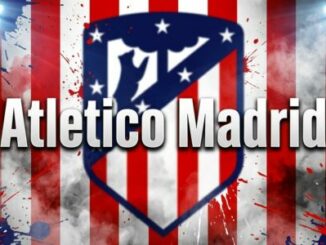 Logo de l’Atlético Madrid sur fond rouge et blanc