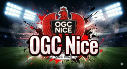 Logo OGC Nice sur fond de stade éclairé