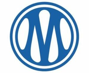 Logo circulaire bleu avec M stylisé blanc