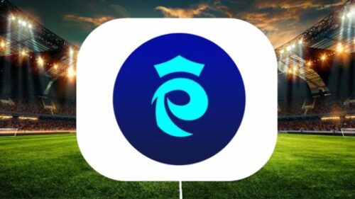Logo bleu sur fond de stade illuminé
