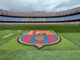Blason du FC Barcelone sur la pelouse du Camp Nou