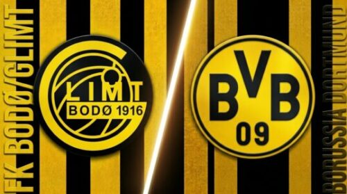 Logos de Bodø/Glimt et Borussia Dortmund sur fond jaune