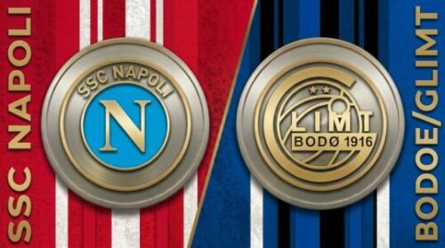 Écussons SSC Napoli et Bodø/Glimt sur fonds rayés