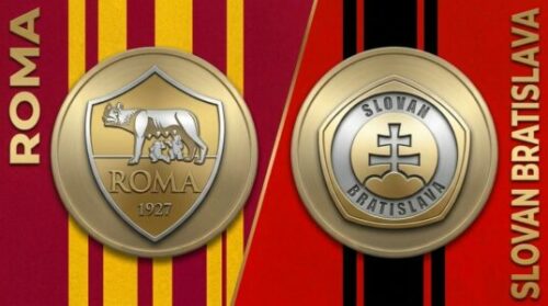 Écussons AS Roma et Slovan Bratislava sur fond rayé