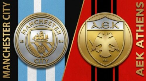 Écussons de Manchester City et AEK Athènes côte à côte