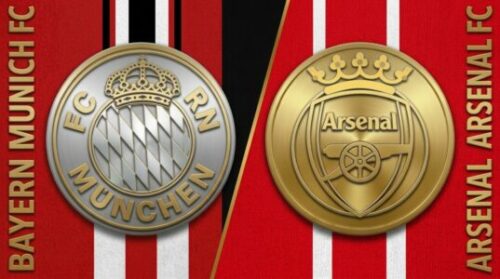Écussons du Bayern Munich et d’Arsenal sur fond rouge